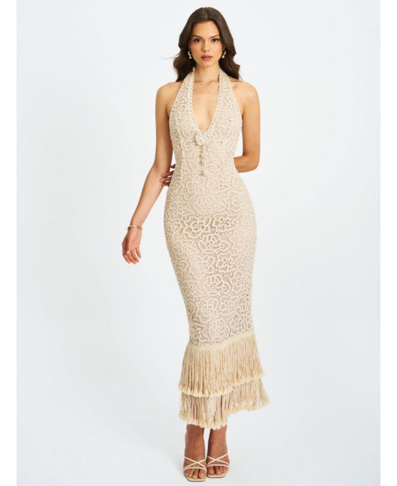 Women Faelyn Off-White Double Fringe Crochet Halter Maxi Dress