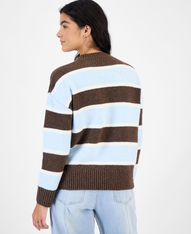 Juniors' Stripe Oversized Crewneck Drop-Shoulder Sweater