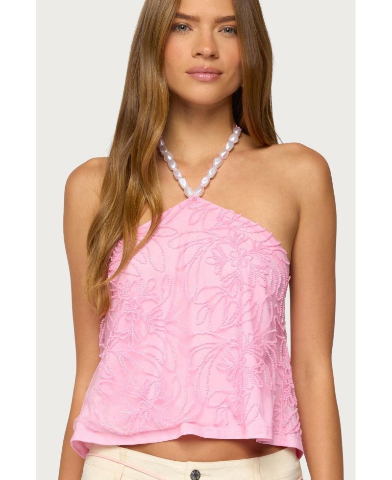 Women's Ayva Embroidered Floral Bead Halter Top