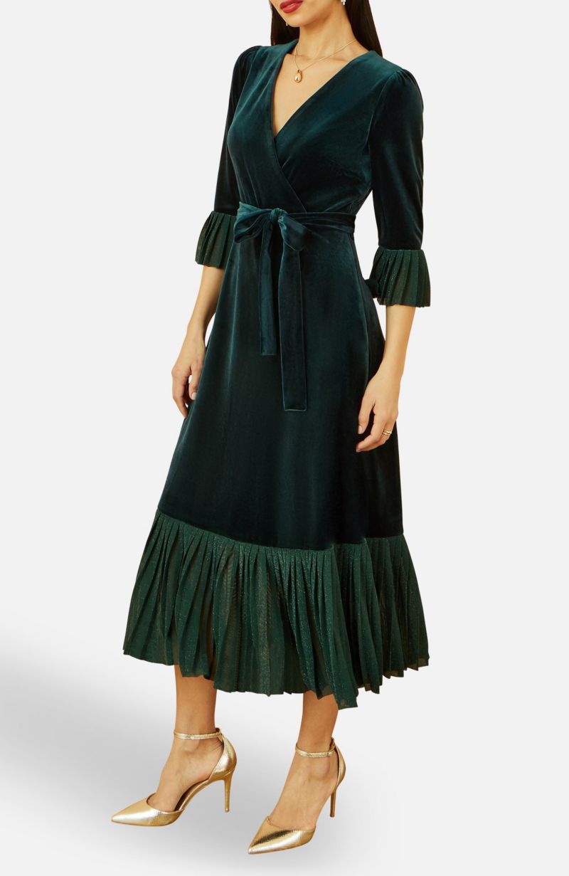 Women's Velvet Midi Pleat Detail Wrap Dress