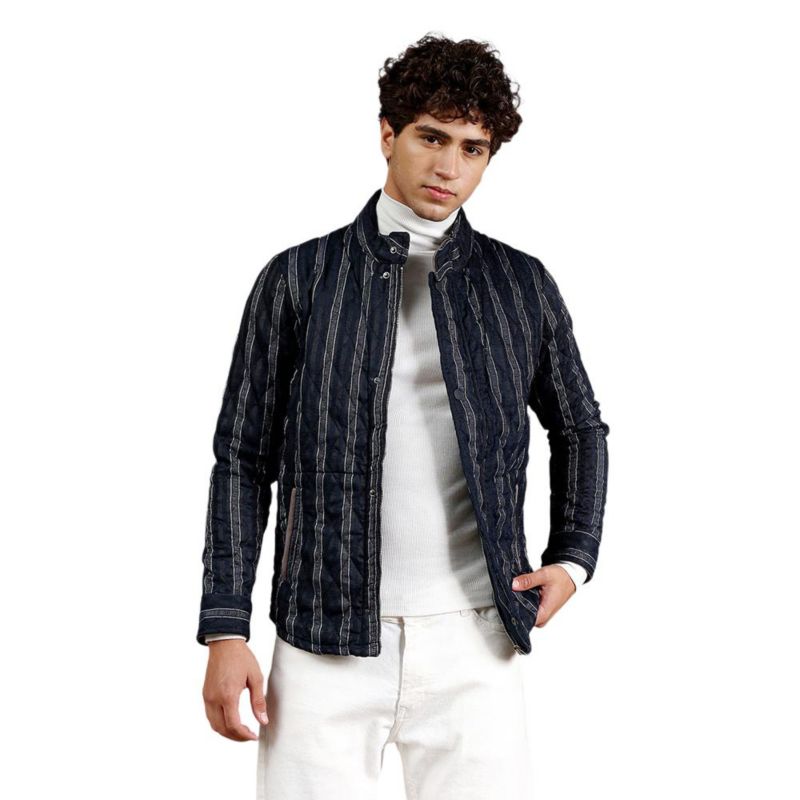 Men's Navy Blue Woven-Striped Quilted Jacket