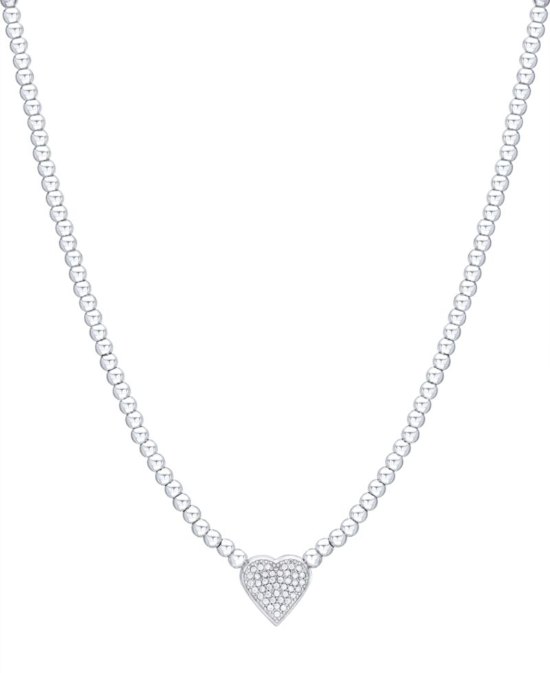 Diamond Pav&eacute; Heart Beaded Chain 18" Pendant Necklace (1/4 ct. t.w.) in Sterling Silver