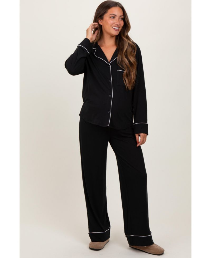 Women's Dark Navy Button Down Top Wide Leg Pant Pajama Set
