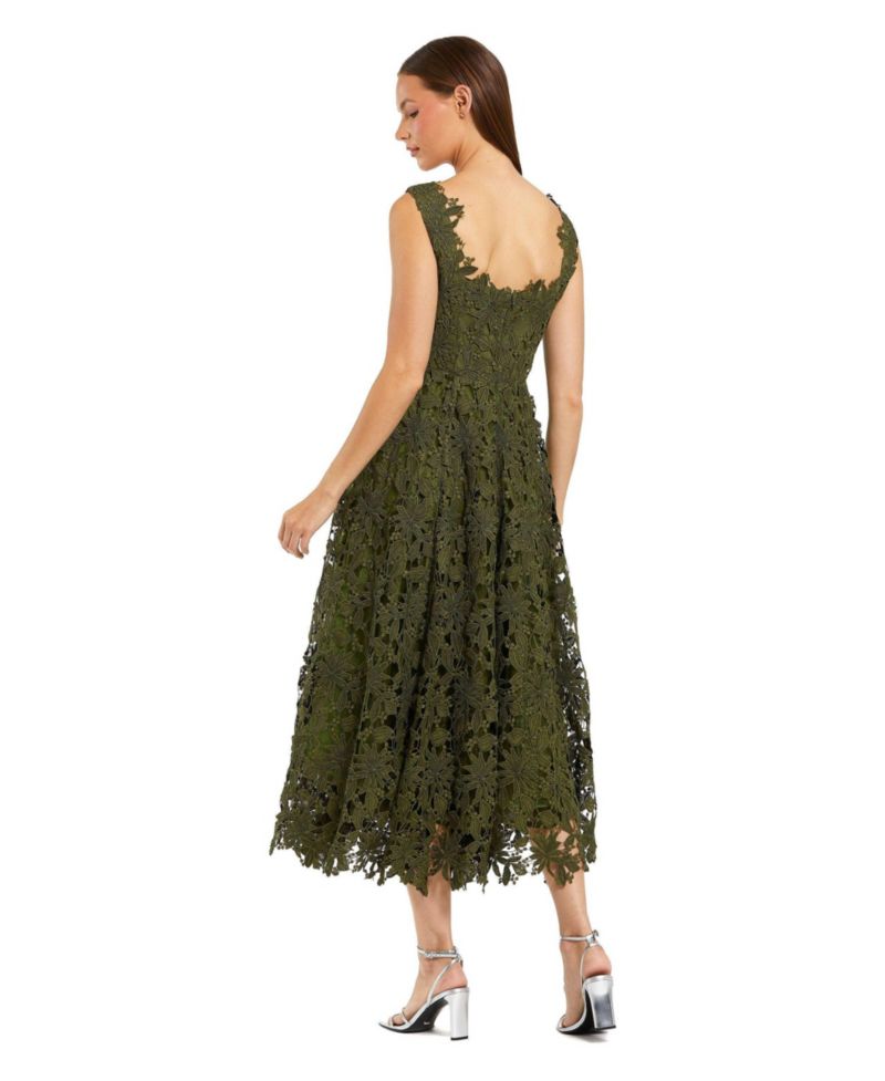Women's Sleeveless Embroidered Lace A Line Midi Dress
