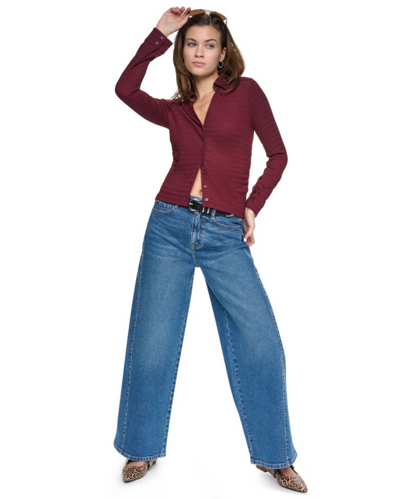Petite Textured Knit Button Front Top