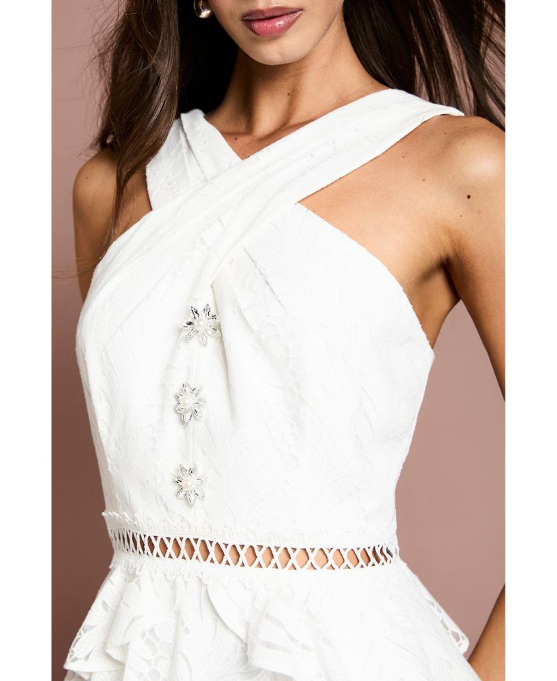 Women's Tiered Lace Halter Neck Midi Dress