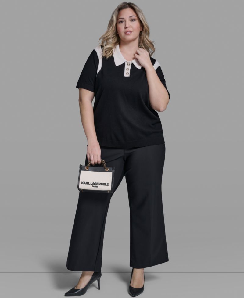 Plus Size Solid Short-Sleeve Polo Sweater