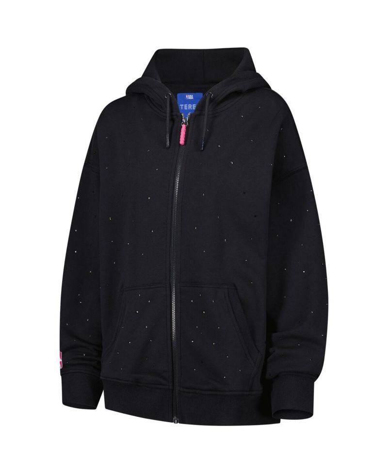 Women's Black Golden State Warriors Oversized Allover Gemstone Full-Zip Hoodie