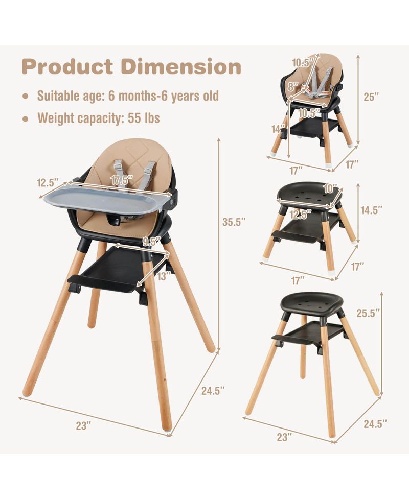 6-in-1 Convertible Wooden Baby Highchair Infant Feeding Chair with Removable Tray
