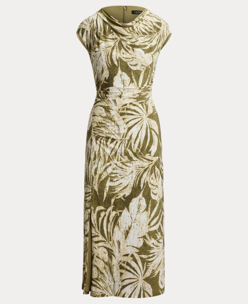 Women's Palm-Frond-Print Cowl Neck Midi Dress