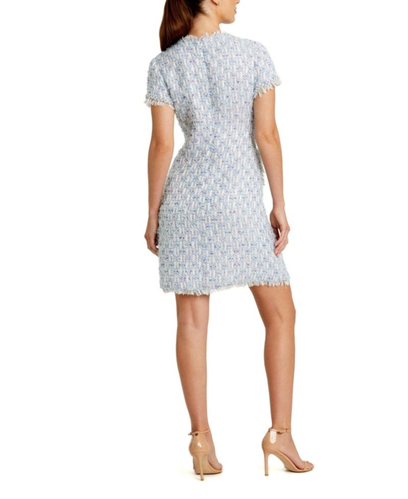 Women's Floral Buttons and Pearl Detailing Boucle Shift Dress