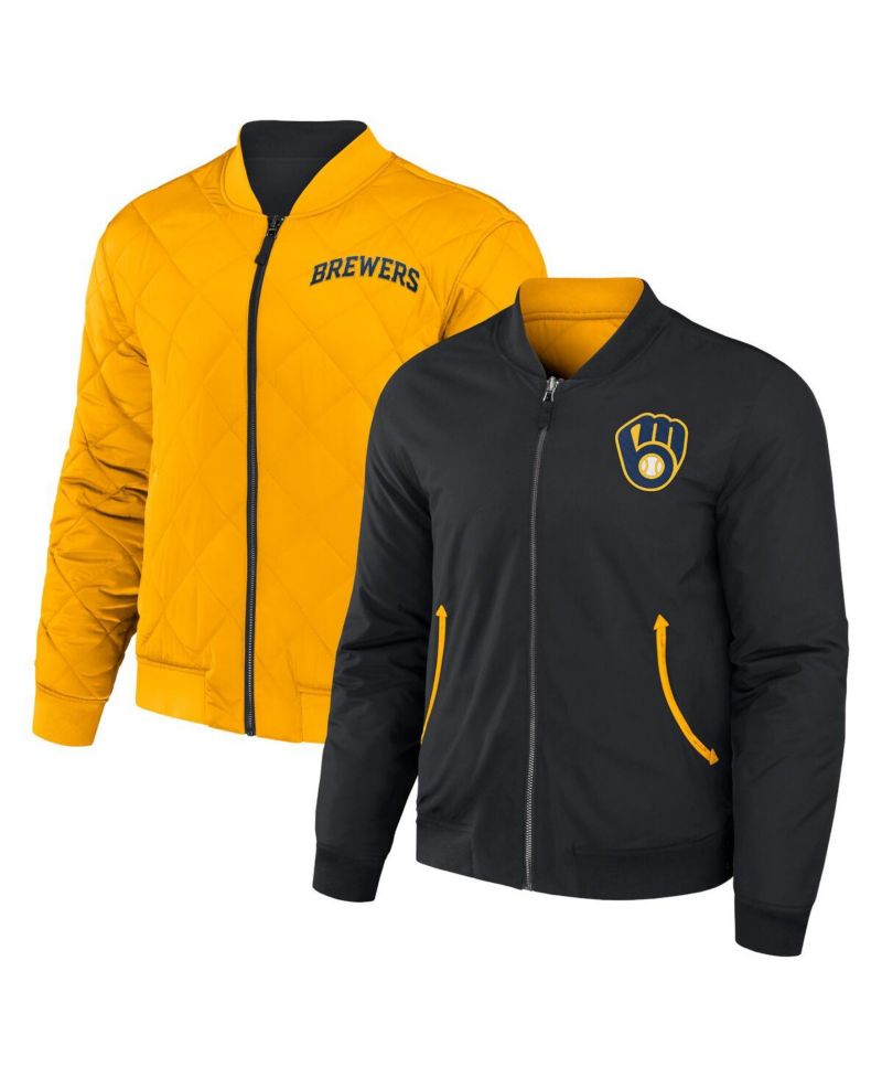 Men's Darius Rucker Collection by Black, Gold Milwaukee Brewers Reversible Full-Zip Bomber Jacket