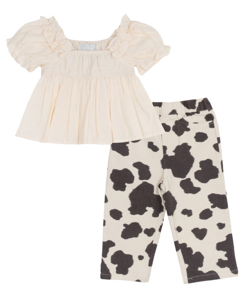 Baby Girls' Short-Sleeve Top and Cow Print Pants, 2-Piece Set