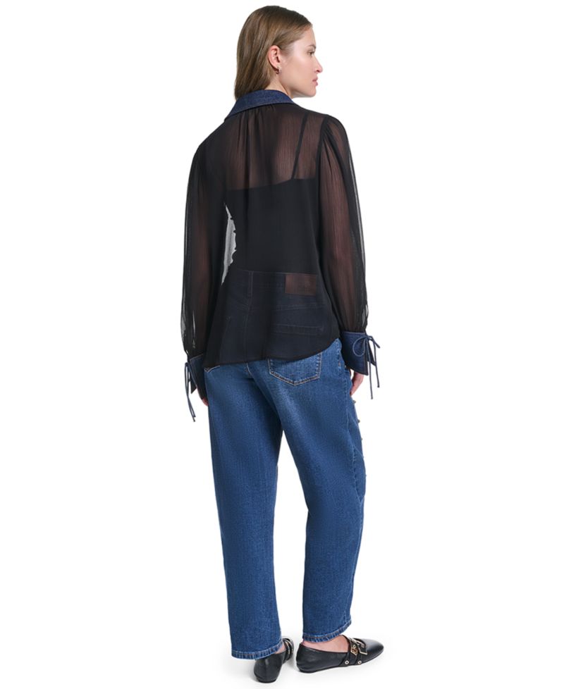 Petite Denim Collar and Cuff Crinkle Chiffon Button-Up Top
