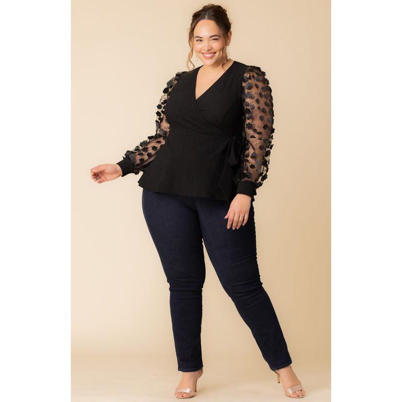 Plus Size Scattered Petals Long Sleeve Wrap Top