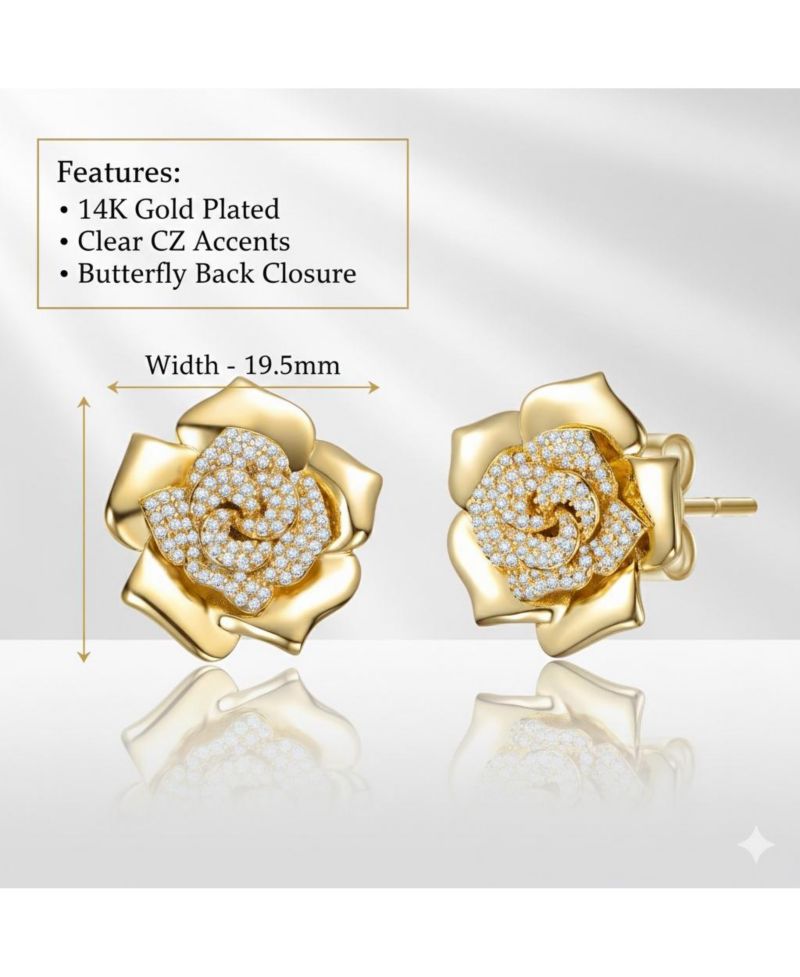 14K Gold Plated CZ Big Heavy Flower Statement Earrings