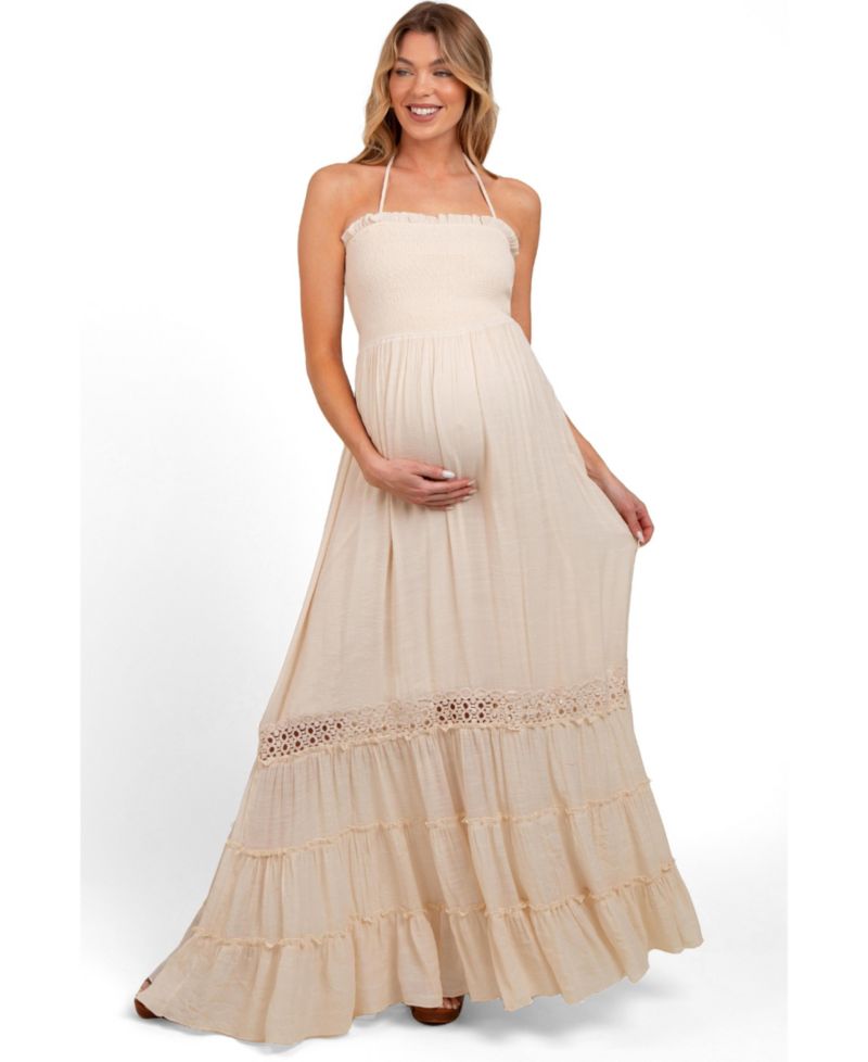 Women's Cream Smocked Open Back Maxi Dress
