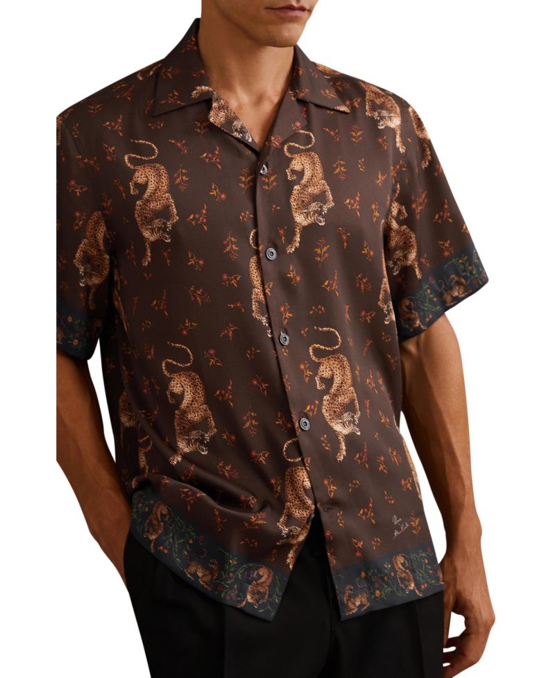Men's Leopard Leopard-Print Cuban-Collar Shirt