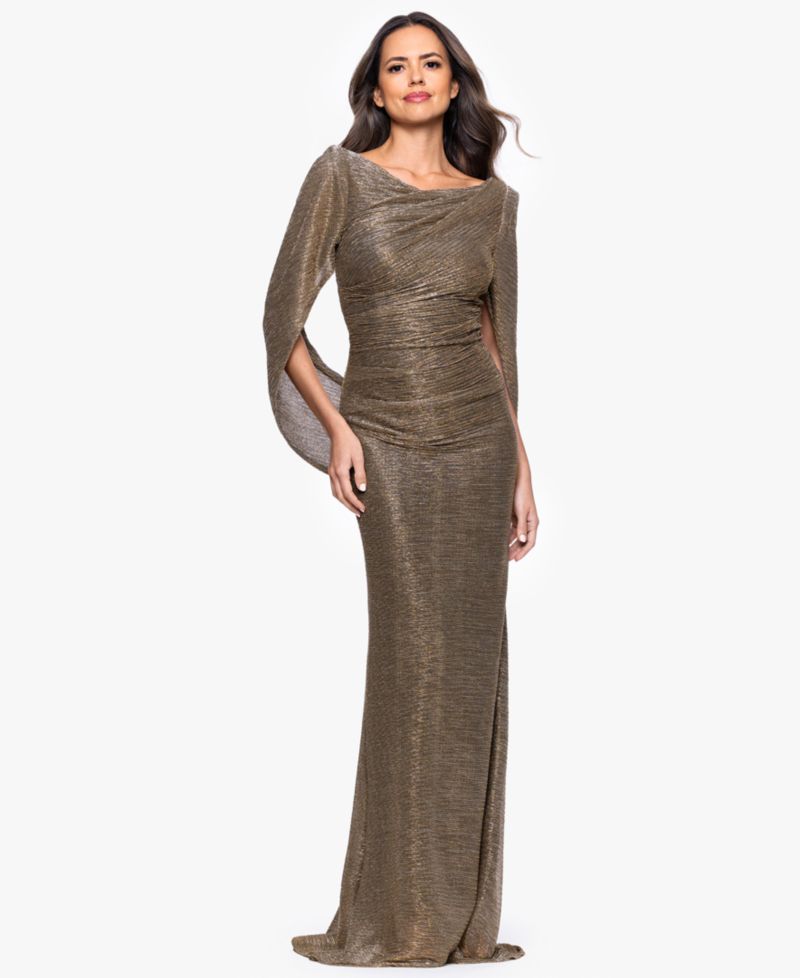 Petite Mother of Bride Metallic-Crinkle Long-Sleeve Gown