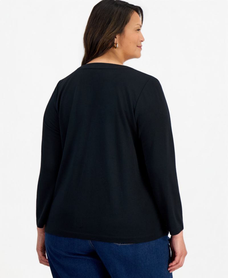 Plus Size LuxLounge French Terry Split-Neck Long-Sleeve Top