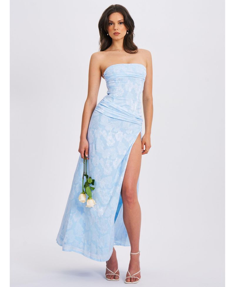 Women's Xatia Baby Blue Jacquard Textured High Slit Maxi Dress