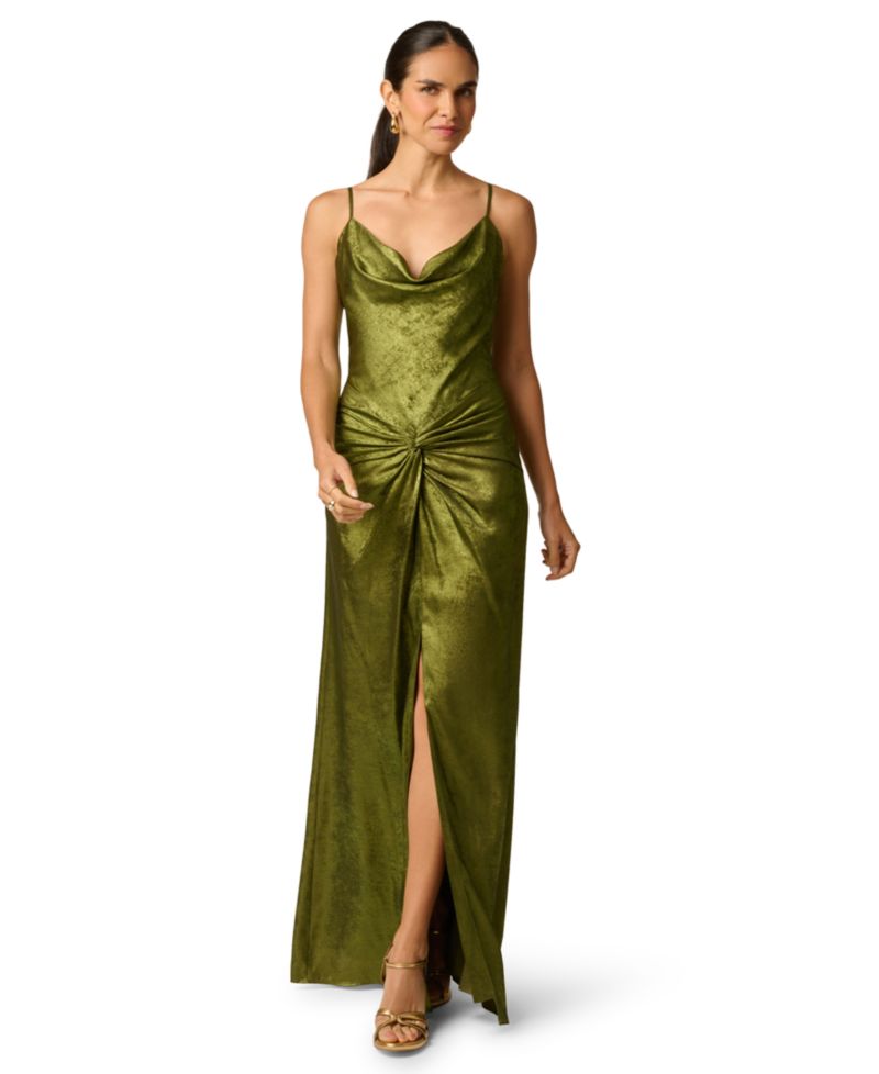 Women's Cowl Neck Foiled Chiffon Maxi Front Slit Dress