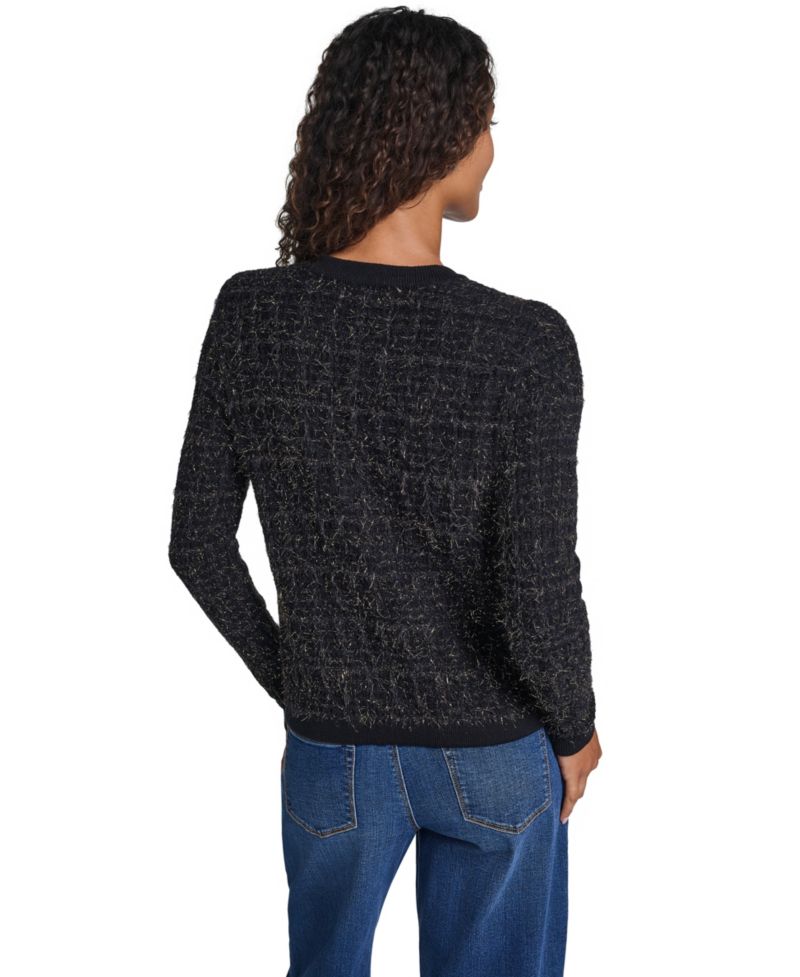 Women's Eyelash-Knit Metallic Crewneck Long-Sleeve Cardigan Sweater