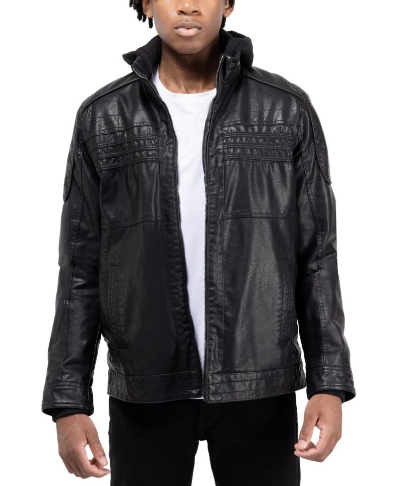 XRAY Men's Grainy PU Leather Hooded Jacket With Faux Shearling Lining