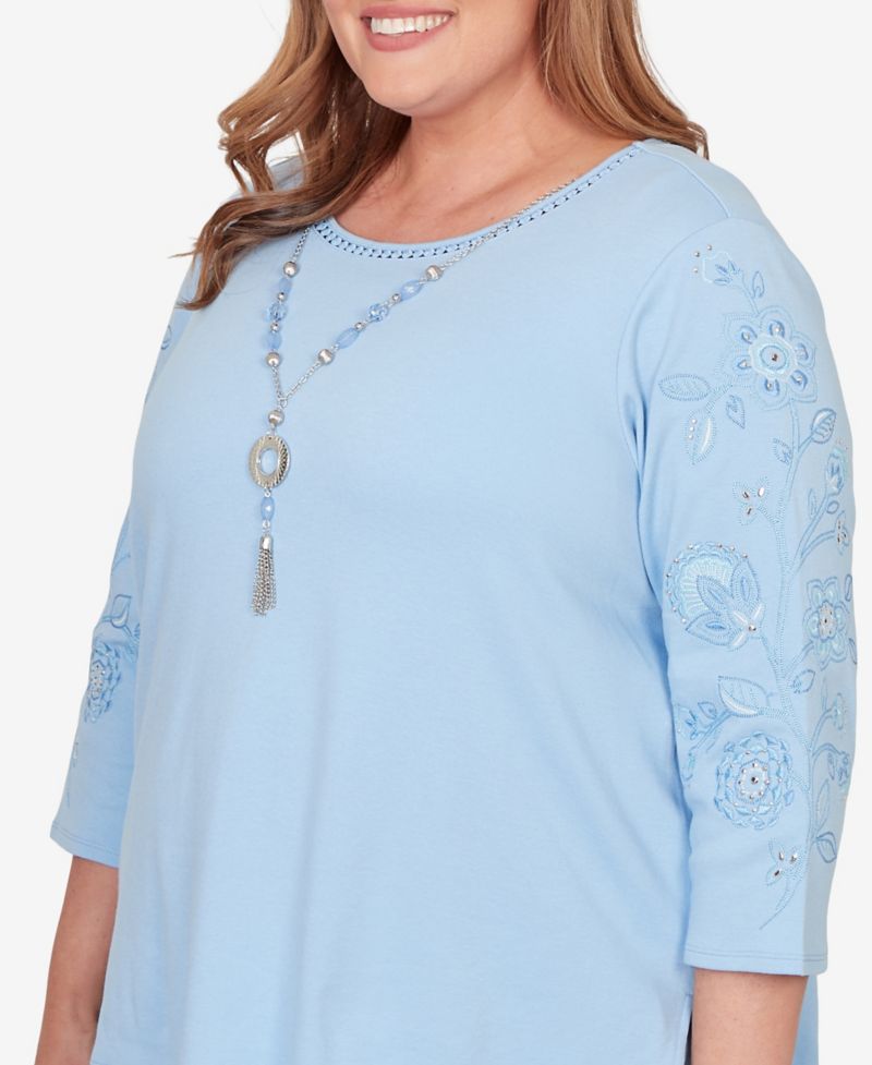 Plus Size Embroidered Floral-Sleeve Accent Top with Necklace