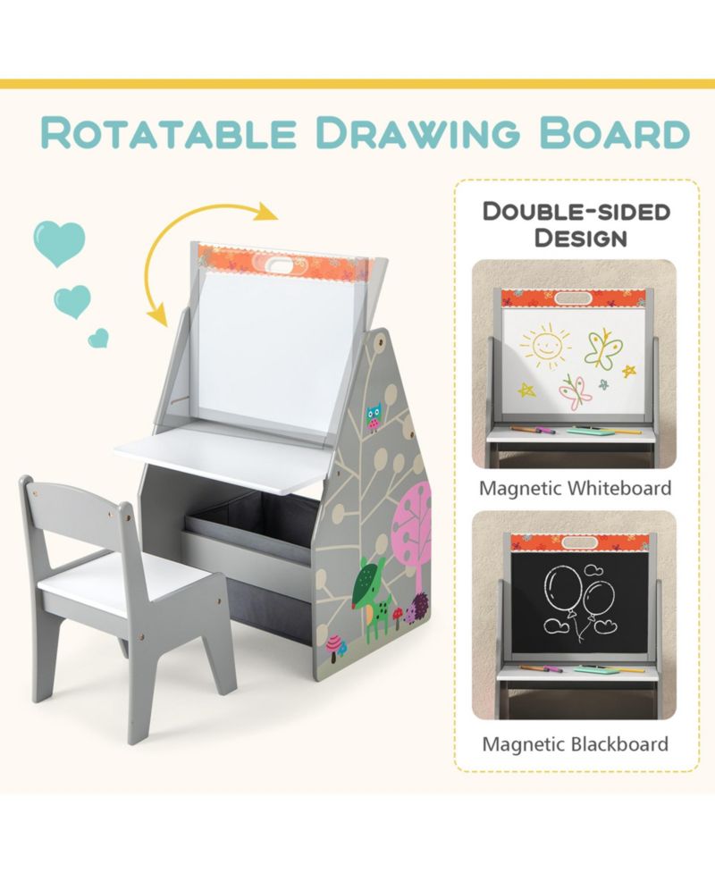 Kids Table & Chair Set with Rotatable Double-sided Magnetic Blackboard & Whiteboard