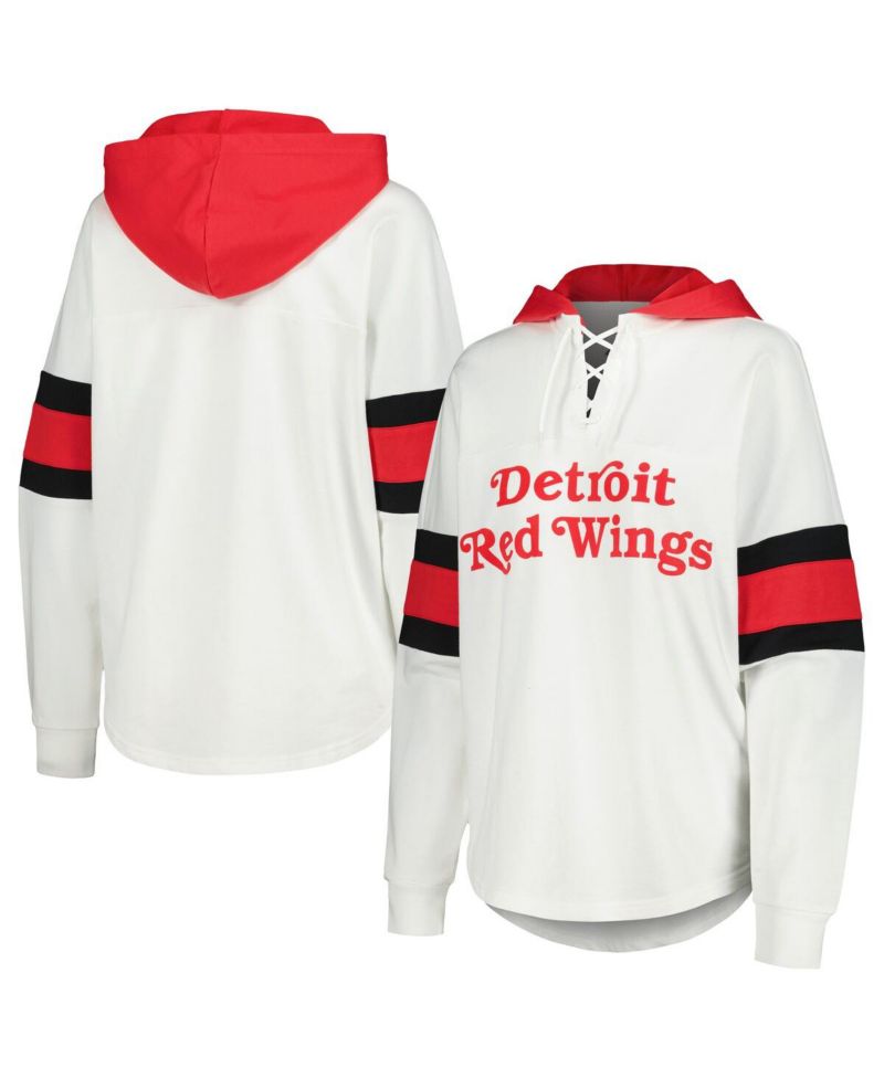 Women's White, Red Detroit Red Wings Goal Zone Long Sleeve Lace-Up Hoodie T-shirt