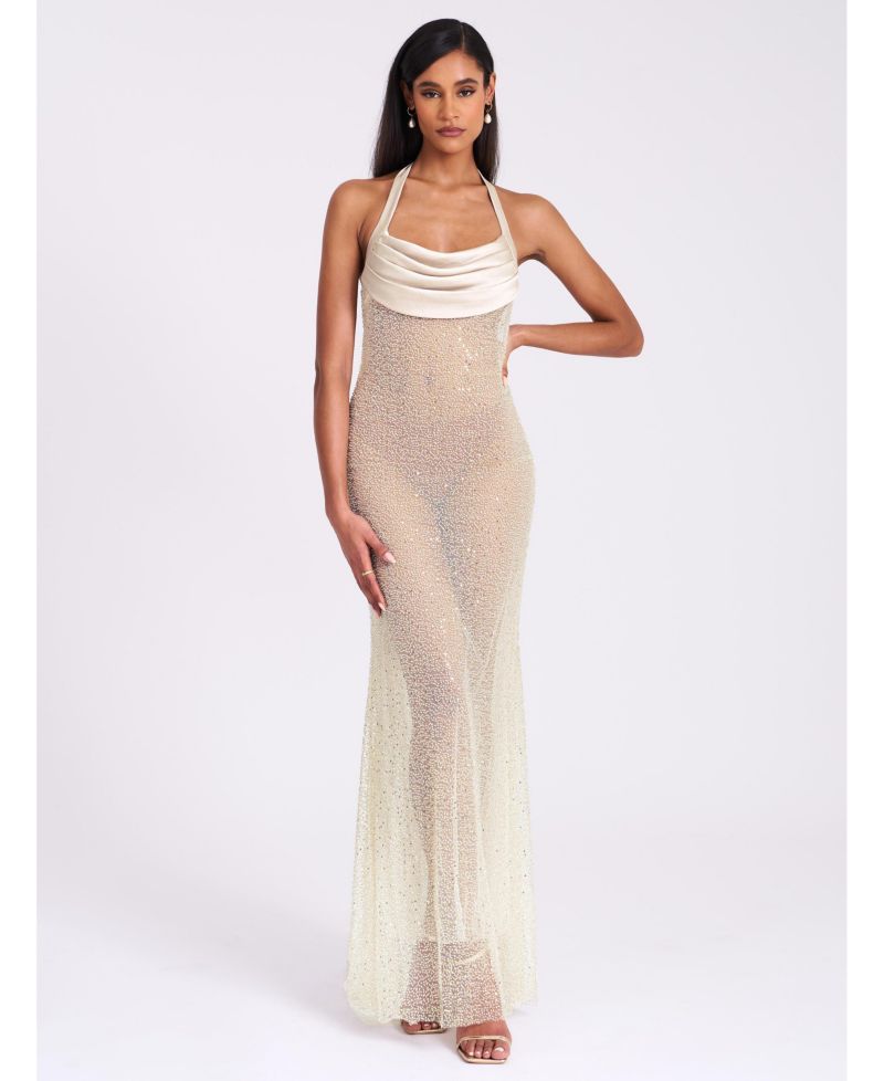 Women's Zahya Lime Halter Backless Beaded Mesh Gown