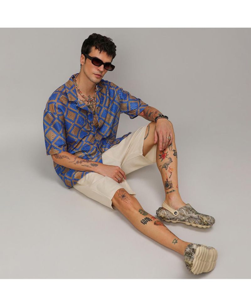 Men's Royal Blue & Mocha Brown Geometric Block Oversized Shirt