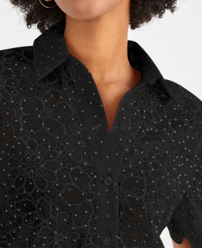 Women's Crystal Embellished Short-Sleeve Button-Down Shirt