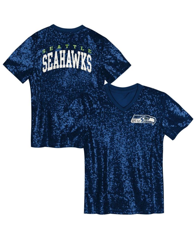 Big Girls College Navy Seattle Seahawks Wordmark Sequin V-Neck T-Shirt