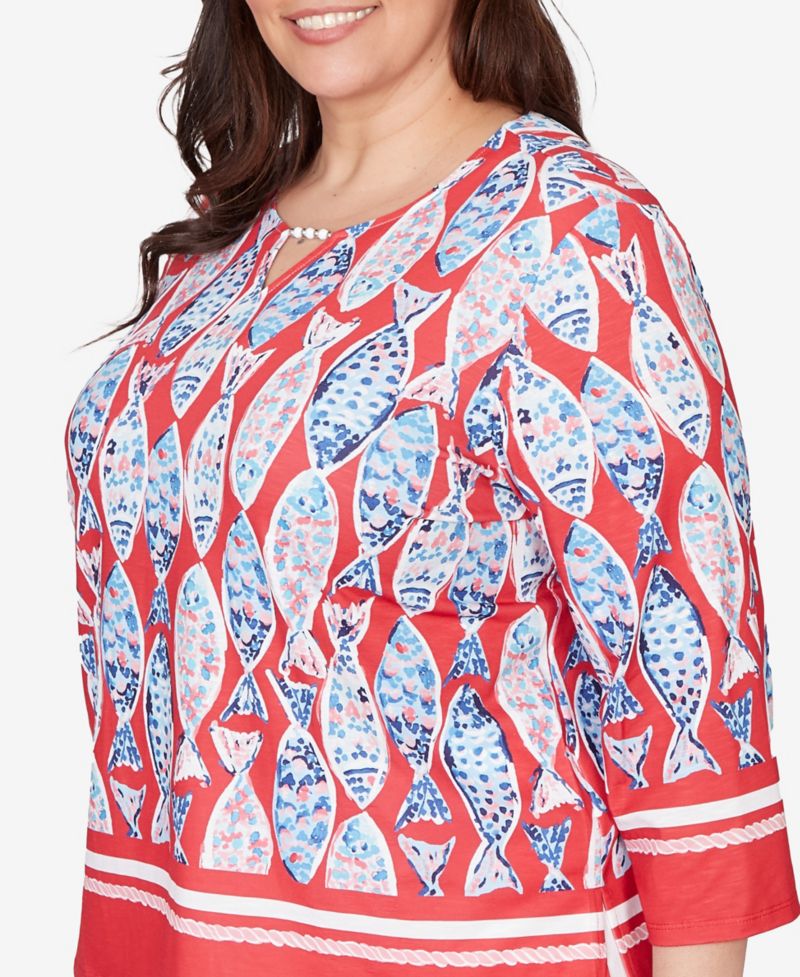 Plus Size Port Side Mosaic Fish Split Beaded Neck Top