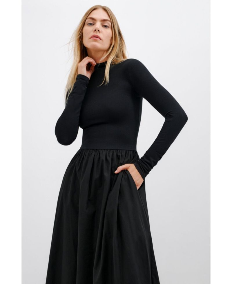 Women's Fillmore Mock-Neck Long-Sleeve Midi Dress with Cotton Skirt and Pockets