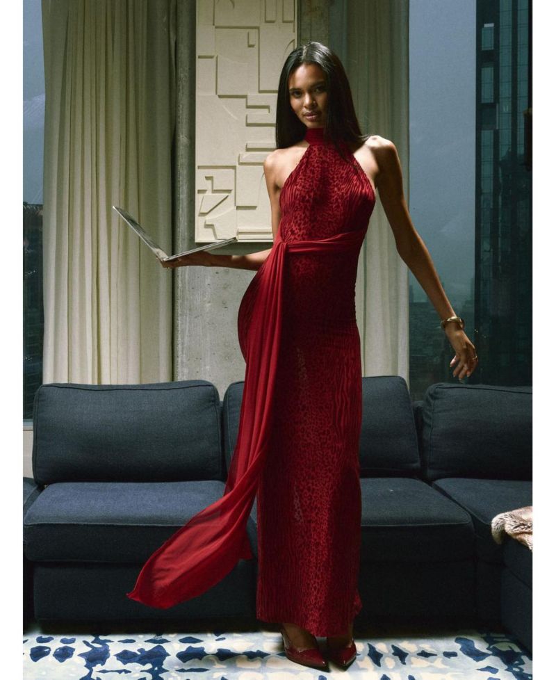 Women's Cerise Scarlet Burnout Velvet Multiwear Mesh Ribbon Maxi Dress