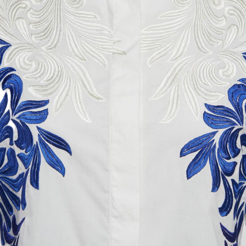 Women's White/blue Embroidered Cotton Long Sleeve Shirt