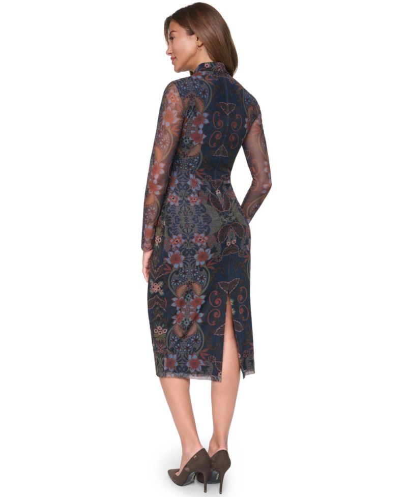 Women's PTD Mock-Neck Long-Sleeve Mesh Bodycon Dress