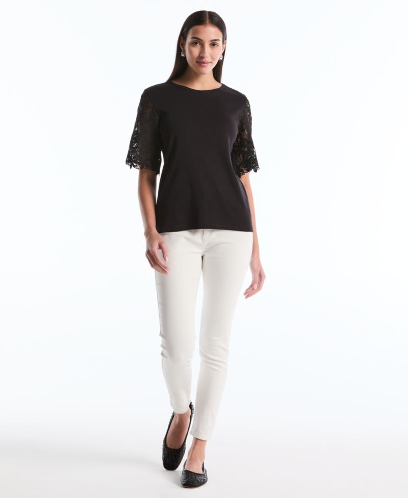 Petite Draped Lace Crew Neck Top