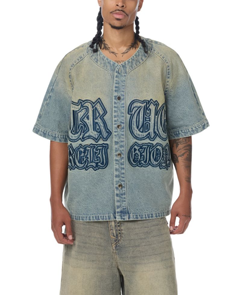 Men's Short-Sleeve Raglan Denim Baseball Shirt