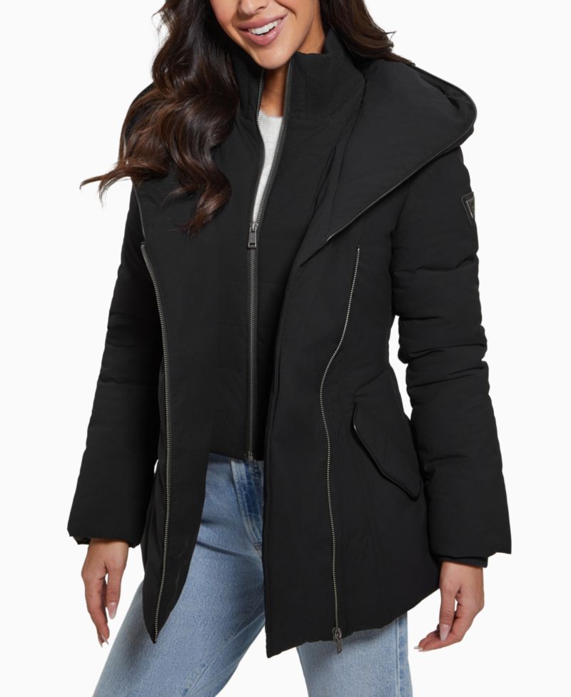 Women's Bibbed Shawl-Collar Hooded Puffer Coat