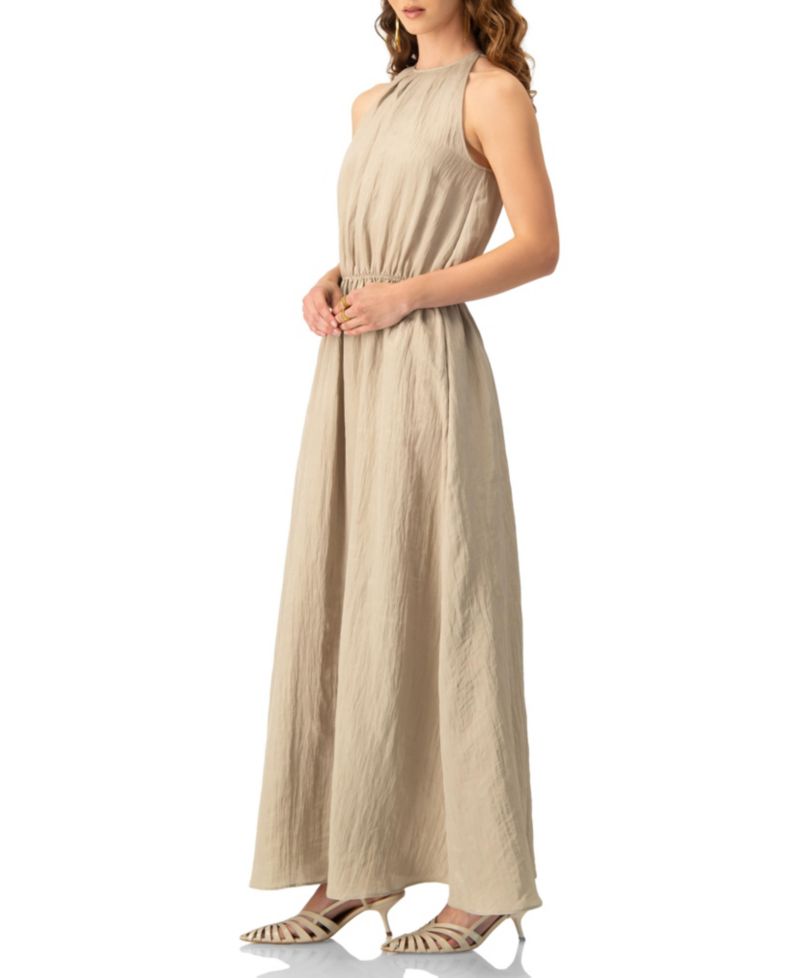 Sleeveless Crinkle Halter Maxi Dress with Cinched Waist A-Line