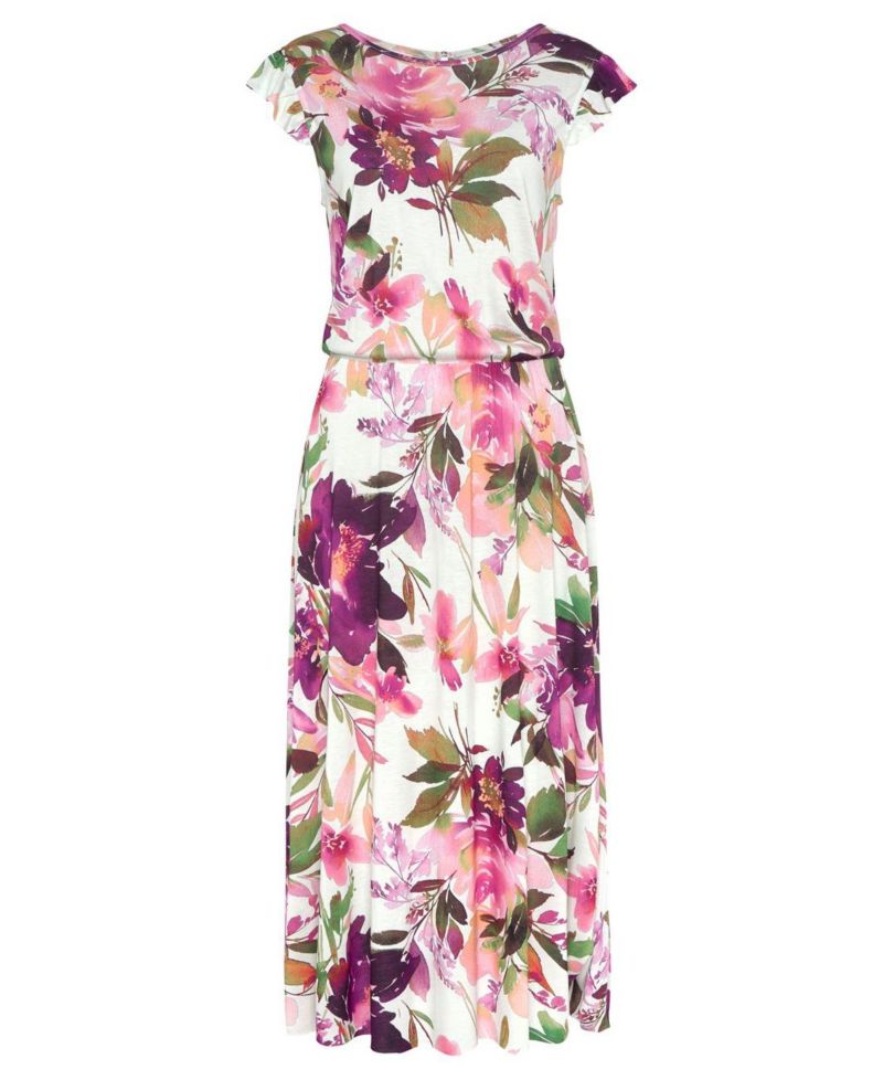 Women's Viscose Printed Flutter Sleeve A-Line Elastic-Waist Midi Dress