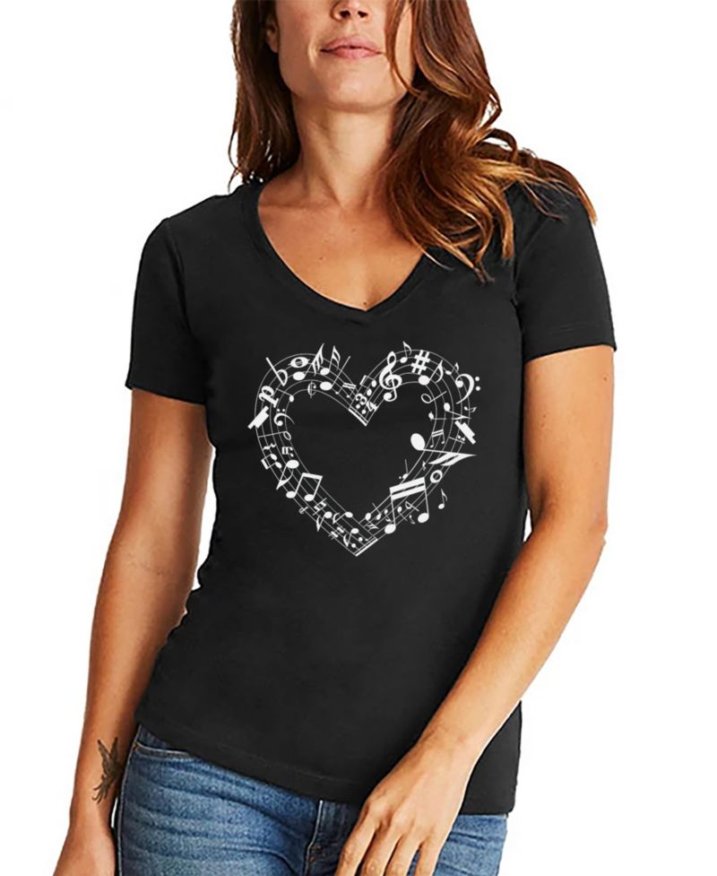 Women's Sheet Music Heart Word Art V-Neck T-Shirt