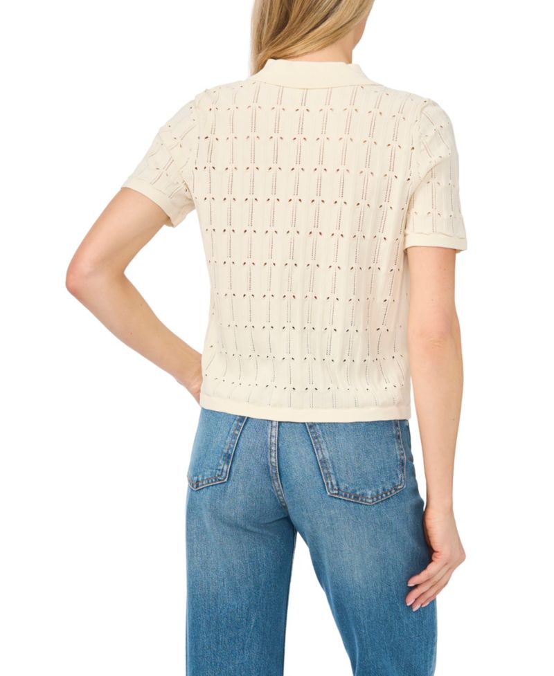 Women's Pointelle Short-Sleeve Collared Sweater