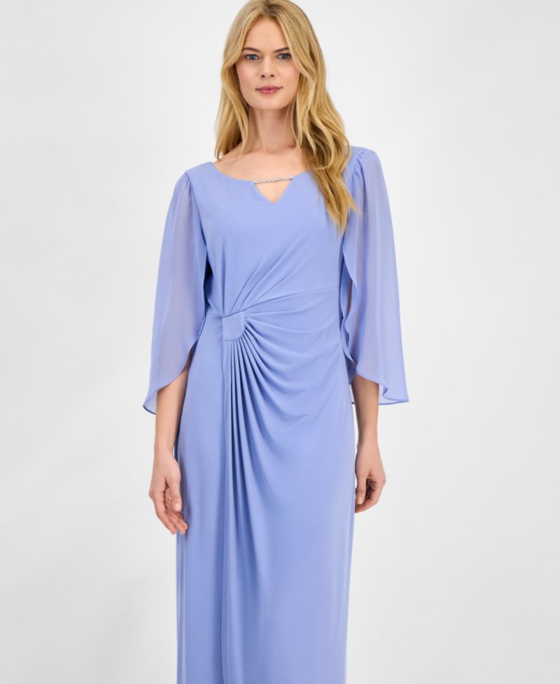 Women's Solid Jersey Sheer-Sleeve Maxi Dress