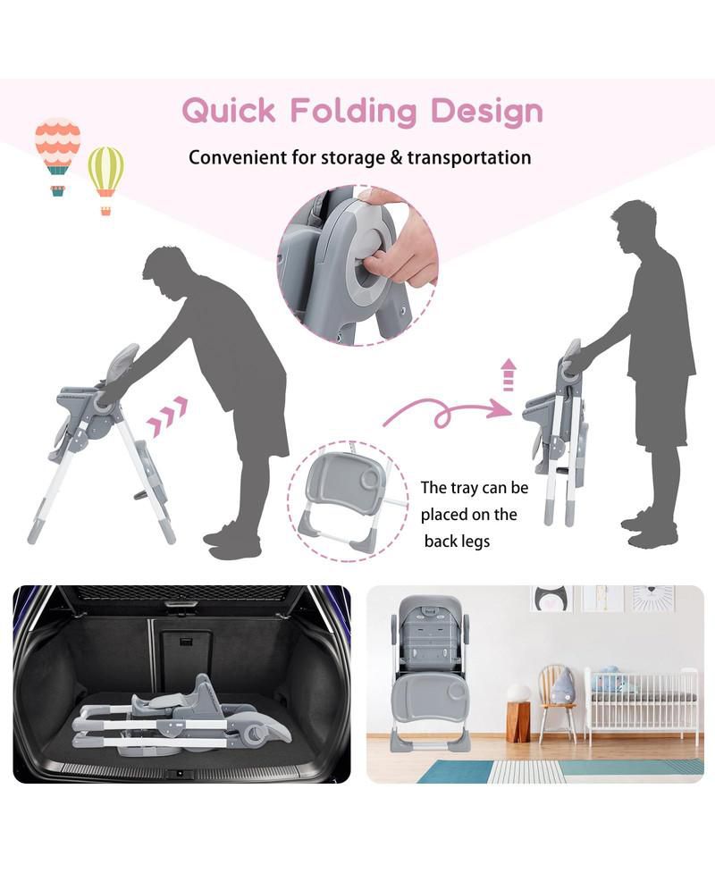 1 Pc Foldable with Removable Tray, Adjustable Height & Recline Easy-Clean Baby High Chair