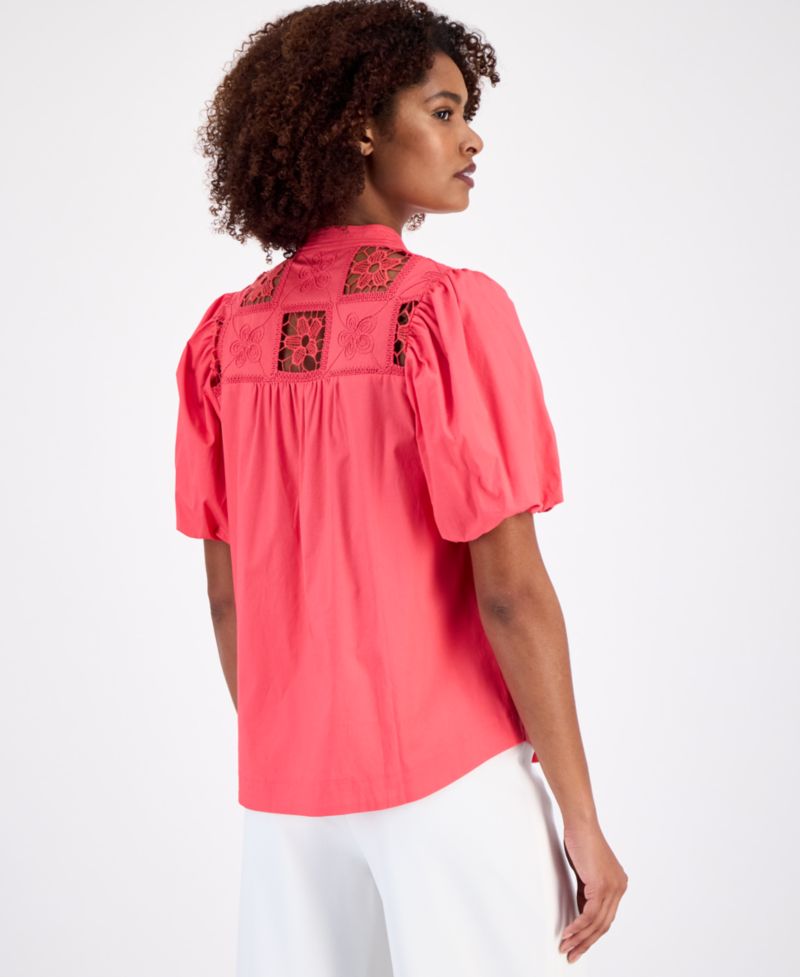 Women's Split-Neck Lace-Yoke Puff-Sleeve Top